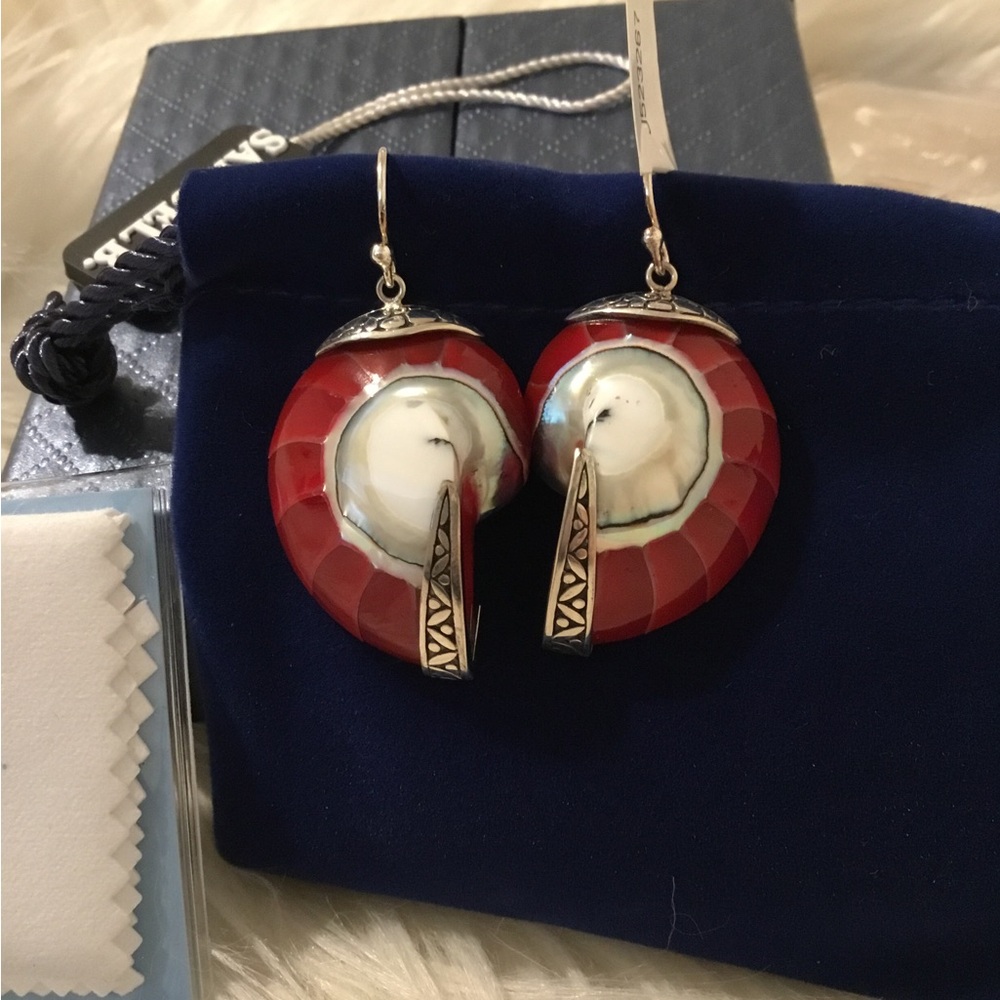 NWT Samuel B Sterling Silver Exotic Gemstone Nautilus Shell Dangle Earrings